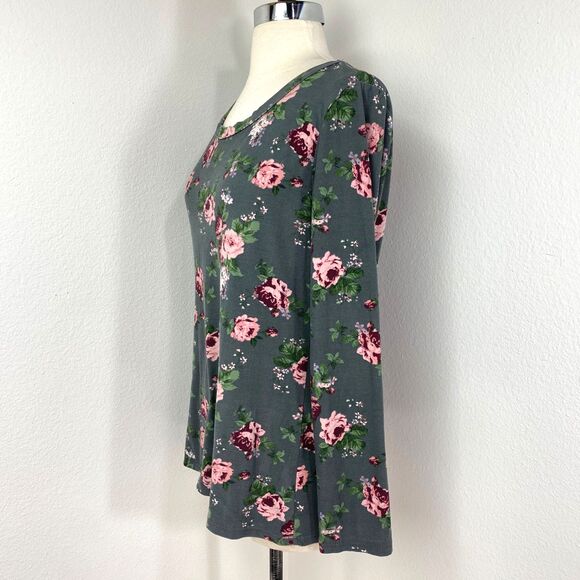 Rue 21 Gray Pink Rose Tunic Top XL Soft Long Sleeves Whimsy Fairy Goth Boho - Picture 6 of 10